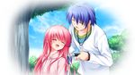  1girl :d ^_^ alternate_hairstyle angel_beats! blue_hair closed_eyes day fang game_cg hair_down hinata_(angel_beats!) na-ga open_mouth outdoors pink_hair smile tree wheelchair yui_(angel_beats!) 