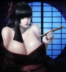  bare_shoulders black_hair breasts cleavage eyeliner eyeshadow gigantic_breasts gradient gradient_background hair_ornament hime_cut holding huge_breasts japanese_clothes kimono long_hair long_nails makeup nail_polish okai original pale pale_skin pipe solo window 