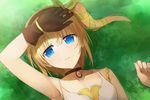  akitaka_akita armpits asymmetrical_gloves black_choker blonde_hair blue_eyes brown_gloves choker collar collarbone edna_(tales) from_above gloves grass green_ribbon hair_ribbon highres looking_at_viewer lying on_back one_side_up ribbon short_hair solo tales_of_(series) tales_of_zestiria 