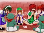  4girls alternate_eye_color apron black_hair braid brick_wall brown_eyes brown_hair card dress extra fairy_maid fairy_wings goblin green_skin hat hat_removed headwear_removed hobgoblin_(touhou) hong_meiling koyubi_(littlefinger1988) maid_headdress mary_janes multiple_boys multiple_girls neckerchief playing_card pointy_ears ponytail red_eyes red_hair shoes shorts sitting smile socks squatting star touhou twin_braids waist_apron wings wrist_cuffs 