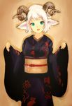  animal_ears aqua_eyes bad_id bad_pixiv_id chinese_zodiac genso highres horn_ornament horns japanese_clothes kimono looking_at_viewer obi open_mouth original sash sheep_ears sheep_horns short_hair simple_background solo white_hair 