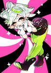  :o bad_id bad_twitter_id breasts cleavage detached_collar domino_mask dress earrings gloves green_legwear hotaru_(splatoon) isojin jewelry leaning_forward mask mole mole_under_eye object_on_head open_mouth pantyhose pointy_ears short_hair small_breasts solo splatoon_(series) splatoon_1 strapless strapless_dress tentacle_hair white_gloves white_hair 