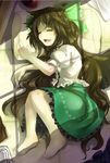  barefoot bird_wings bow brown_hair closed_eyes fetal_position frilled_skirt frills hair_bow highres long_hair lying on_side pillow piyodesu ponytail puffy_short_sleeves puffy_sleeves reiuji_utsuho shadow short_sleeves skirt sleeping solo tatami touhou window_shade wings 