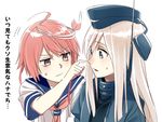  ahoge bad_id bad_twitter_id blonde_hair blue_eyes brown_eyes commentary_request garrison_cap grey_eyes hair_ornament hat i-58_(kantai_collection) kantai_collection kinosuke_(sositeimanoga) long_hair military military_uniform motion_lines multiple_girls nose pink_hair pointy_nose school_uniform serafuku short_hair short_sleeves simple_background spot_color sweatdrop translation_request u-511_(kantai_collection) uniform upper_body white_background 