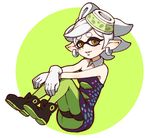  bike_shorts brown_eyes detached_collar domino_mask dress earrings full_body gloves green_legwear hotaru_(splatoon) jewelry kirusu legwear_under_shorts mask mole mole_under_eye pantyhose pointy_ears short_hair shorts shorts_under_dress smile solo splatoon_(series) splatoon_1 strapless strapless_dress white_gloves white_hair 