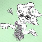  choker crosshatching domino_mask dress earrings fangs gloves hotaru_(splatoon) jewelry lined_paper mask mixed_media monochrome ni_hoshi object_on_head open_mouth pointy_ears short_hair solo splatoon_(series) splatoon_1 squiggle strapless strapless_dress upper_body 