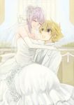  1girl 3gou blonde_hair cardfight!!_vanguard carrying couple dress elbow_gloves gloves hetero long_hair miwa_taishi princess_carry purple_hair short_hair smile tokura_misaki wedding_dress 