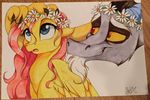  2015 blue_eyes daisy daisy_chain dennybutt discord_(mlp) draconequus equine female flower fluttershy_(mlp) friendship_is_magic male mammal my_little_pony pegasus plant traditional_media_(artwork) wings 