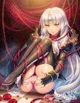  2015 ass black_footwear black_legwear boots cameltoe code:_nemesis_(elsword) ecell elsword eve_(elsword) facial_mark fingerless_gloves flower forehead_jewel gloves long_hair nail_polish panties partially_visible_vulva pointy_ears rose signature sitting solo spread_pussy_under_clothes thigh_boots thighhighs tile_floor tiles underwear very_long_hair white_hair yellow_eyes 