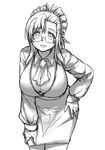  breasts brooch cleavage cowboy_shot cravat cropped_legs downblouse glasses greyscale hand_on_hip hand_on_thigh jewelry kazami_mizuho large_breasts leaning_forward looking_at_viewer monochrome onegai_teacher pas_(paxiti) pencil_skirt rimless_eyewear sketch skirt solo teacher 