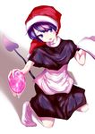  apron blob blue_eyes blue_hair blush_stickers bobby_socks book doremy_sweet dream_soul dress hat head_tilt kneeling looking_at_viewer nightcap no_shoes open_book sakusyo shadow short_hair simple_background socks solo tail tapir_tail tongue tongue_out touhou waist_apron white_background 