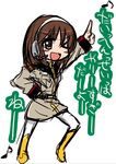  1girl boots brown_eyes brown_hair chibi female gundam gundam_lost_war_chronicles headset hirowa_nagi military_uniform musical_note noel_anderson simple_background solo uniform 