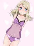  arms_behind_back ayase_arisa bad_id bad_pixiv_id blonde_hair blue_eyes blush bra colorized dutch_angle faon_ouji heart lingerie looking_at_viewer love_live! love_live!_school_idol_project midriff navel panties polka_dot polka_dot_bra purple_bra purple_panties see-through sesese_(iywsrh) smile solo thigh_gap underwear 