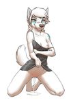  2015 adam_wan after_sex anthro breasts canine cleavage clothed clothing cum cum_in_pussy cum_inside cyan_eyes cyndi dress female fur leaking mammal nipples pussy smile solo tattoo white_fur wolf 