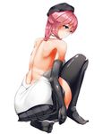  asami_lilith back bad_id bad_pixiv_id beret blue_eyes blush breasts elbow_gloves gloves hat kasappi large_breasts long_hair looking_at_viewer red_hair shiny shiny_clothes solo thighhighs trinity_seven 