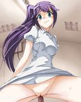  blue_eyes blush censored clothed_sex hetare_(hetare013) hetero highres kangoshi_asuna long_hair manga_de_wakaru_shinryou_naika no_panties nurse penis purple_hair pussy sex side_ponytail solo_focus vaginal 