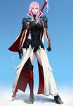  armor breastplate cape final_fantasy final_fantasy_xiii full_body gradient gradient_background karl_liversidge lightning_farron lightning_returns:_final_fantasy_xiii pink_hair popped_collar solo standing sword 