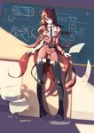  chalkboard copyright_request demon_tail demon_wings dress garter_straps glasses long_hair microphone microphone_stand necktie pointy_ears red_eyes red_hair solo source_request tail thighhighs very_long_hair vofan wings 
