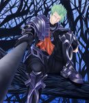  absurdres achilles_(fate) armor bare_tree fate/apocrypha fate_(series) greaves green_hair highres male_focus mukade_(siieregannsu) polearm red_scarf scarf solo spear tree weapon 