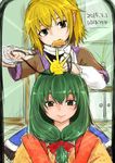  alternate_costume blonde_hair dressing dressing_another green_eyes green_hair highres hinamatsuri japanese_clothes kagiyama_hina kimono mizuhashi_parsee monrooru mouth_hold multiple_girls pointy_ears putting_on_headwear saishi touhou 