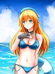  adapted_costume aqua_eyes atago_(kantai_collection) beret bikini black_gloves blonde_hair blue_bikini blue_sky blush breasts cleavage cloud cloudy_sky cowboy_shot day gloves hand_on_own_chest hat highres innertube kantai_collection large_breasts long_hair looking_to_the_side navel outdoors parted_lips saber-freedom side-tie_bikini signature sky solo sparkle swimsuit water 