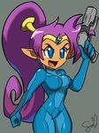  blue_eyes cosplay gun metroid nintendo ponytail purple_hair samus_aran samus_aran_(cosplay) shantae shantae_(character) simple_background thick_thighs weapon wide_hips zero_suit 