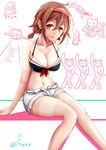  adapted_costume arm_support bikini bikini_top black_bikini breasts brown_eyes brown_hair cleavage collarbone doodle franz_(217franz) hairband highres kantai_collection knees_together_feet_apart large_breasts looking_at_viewer navel open_fly parted_lips red_hairband shiratsuyu_(kantai_collection) short_hair short_shorts shorts simple_background sitting smile solo strap_gap swimsuit tan tanline translated twitter_username unbuttoned unzipped white_background 
