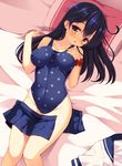  ahoge black_hair blush breasts brown_eyes covered_navel hand_on_own_chest highleg highleg_swimsuit highres impossible_clothes impossible_swimsuit kantai_collection long_hair looking_at_viewer lying medium_breasts on_back on_bed one-piece_swimsuit open_clothes open_skirt pillow polka_dot polka_dot_swimsuit scrunchie skirt skirt_removed solo swimsuit ushio_(kantai_collection) wrist_scrunchie yuzu_modoki 