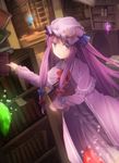  book bow crystal dress hat holding library long_hair long_sleeves looking_at_viewer minamina patchouli_knowledge purple_eyes purple_hair solo touhou very_long_hair 