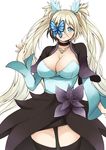 black_legwear blonde_hair blue_eyes blush breasts bug butterfly butterfly_eyepatch character_request choker cleavage cleavage_cutout cloud_kingdom eyepatch insect jewelry large_breasts long_hair long_sleeves looking_at_viewer necklace original pas_(paxiti) pointy_ears simple_background solo thighhighs twintails two_side_up very_long_hair white_background 