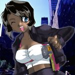  90s ;) black_hair blue_eyes breasts bustier cleavage commentary_request dark_skin gun gunsmith_cats handgun holster jacket midriff one_eye_closed open_clothes open_jacket open_mouth photo_background pistol rally_vincent short_hair shoulder_holster smile solo toragura weapon 