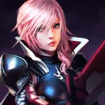  anaglyph armor blue_eyes chromatic_aberration face final_fantasy final_fantasy_xiii ilya_kuvshinov lightning_farron lips long_hair looking_at_viewer pink_hair popped_collar revision simple_background smile solo sword upper_body weapon 