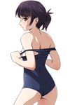  ass bare_shoulders black_hair breasts brown_eyes cowboy_shot eyebrows_visible_through_hair highres matsunaga_kouyou off_shoulder one-piece_swimsuit original ponytail pulled_by_self school_swimsuit short_hair sideboob small_breasts solo standing swimsuit swimsuit_pull 
