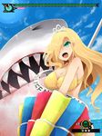  arano_oki beach_umbrella bikini blonde_hair blue_sky breasts cleavage closed_umbrella cloud day gameplay_mechanics green_eyes hair_over_one_eye health_bar highres large_breasts long_hair monster_hunter open_mouth parasol revision shark sky swimsuit tiara umbrella very_long_hair yellow_background 