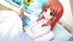  angel_beats! bed flower game_cg long_hair na-ga otonashi_hatsune pajamas purple_eyes red_hair solo sunflower 