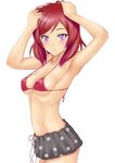  :o armpits arms_up bikini_skirt bikini_top cowboy_shot love_live! love_live!_school_idol_project muffin_(sirumeria) nishikino_maki purple_eyes red_hair short_hair solo strap_gap swimsuit 