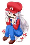  ahoge braid cosplay dated facial_hair full_body gloves grey_eyes hat hoshi_shouko idolmaster idolmaster_cinderella_girls long_hair mario mario_(cosplay) mario_(series) mushroom mustache nagian silver_hair single_braid solo super_mario_bros. 