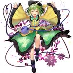  bad_id bad_pixiv_id closed_eyes commentary_request efe floral_print green_hair hat hat_ribbon heart heart_of_string highres komeiji_koishi long_sleeves open_mouth outstretched_arms revision ribbon shirt skirt smile solo standing standing_on_one_leg third_eye touhou wide_sleeves 