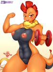  2015 ambiguous_gender anthro areola big_breasts black_skin blush breasts clothed clothing dumbbell english_text female half-dressed invalid_tag looking_at_viewer mleonheart muscles nintendo nipples nude orange_eyes orange_skin pok&eacute;mon pok&eacute;morph pussy scarf scrafty scraggy smile standing text thick_thighs topless video_games wide_hips 