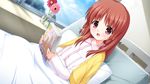  angel_beats! bed flower game_cg long_hair na-ga otonashi_hatsune pajamas purple_eyes red_hair solo sunflower 