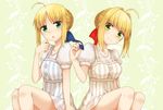  ahoge artoria_pendragon_(all) blonde_hair dress fate/extra fate/stay_night fate_(series) green_eyes hair_intakes multiple_girls nero_claudius_(fate) nero_claudius_(fate)_(all) saber striped vertical-striped_dress vertical_stripes zeroasann 