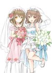  2girls bouquet brown_eyes brown_hair flower ikazuchi_(kantai_collection) inazuma_(kantai_collection) kantai_collection md5_mismatch multiple_girls simple_background wataame27 wedding_dress 