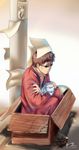  :p absurdres ade-nyungsep akebono_(kantai_collection) artist_name box brown_hair cardboard_box dog gintama glasses hasegawa_taizou highres in_box in_container japanese_clothes kantai_collection male_focus paper poop poster_(object) school_uniform serafuku smile solo squatting sunglasses telephone_pole tongue tongue_out 