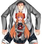  1girl bad_id bad_pixiv_id blazer blush bow bowtie gekkan_shoujo_nozaki-kun hair_bow height_difference highres jacket jamila_pose looking_at_viewer nozaki_umetarou open_mouth parted_lips polka_dot polka_dot_bow raccoon rihito_akane rouman_academy_uniform sakura_chiyo school_uniform smile sweat white_background 