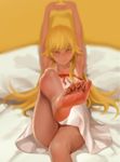  armpits arms_up as109 bakemonogatari barefoot blonde_hair blurry blush depth_of_field dress feet foreshortening highres legs long_hair long_legs lying monogatari_(series) on_back on_bed oshino_shinobu pillow pov_feet realistic resized ribbon sitting soles solo stretch toenails toes upscaled waifu2x yellow_eyes 