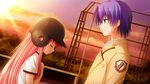  1girl angel_beats! baseball_helmet closed_eyes cloud dutch_angle game_cg helmet hinata_(angel_beats!) long_hair na-ga outdoors pink_hair purple_hair sky sunset tears upper_body yui_(angel_beats!) 