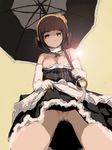  1girl areolae bare_shoulders bottomless breasts breasts_outside brown_eyes brown_hair hairband looking_at_viewer nanocore nipples pussy short_hair simple_background skirt small_breasts solo umbrella 