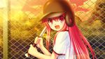  angel_beats! baseball baseball_bat game_cg gym_uniform helmet holding long_hair looking_at_viewer na-ga open_mouth outdoors pink_hair red_eyes solo sport yui_(angel_beats!) 