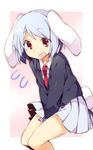  akagashi_hagane animal_ears bad_id bad_pixiv_id between_legs blazer bunny_ears bunny_tail collared_shirt flying_sweatdrops jacket lavender_hair lavender_skirt long_sleeves necktie open_mouth pleated_skirt red_eyes reisen shirt short_hair skirt solo tail touhou 