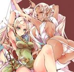  aqua_eyes arms_up blonde_hair brown_eyes circlet covered_navel dark_elf deedlit elf endou_okito from_behind impossible_clothes impossible_shirt long_hair looking_at_viewer looking_back multiple_girls panties panty_pull pirotess pointy_ears record_of_lodoss_war shirt sword tunic underwear very_long_hair weapon white_hair white_panties 
